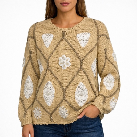 Casual Corner Sweaters - Vintage 90s Casual Corner Statement Knit Sweater Women L Embellished Pearls Gold